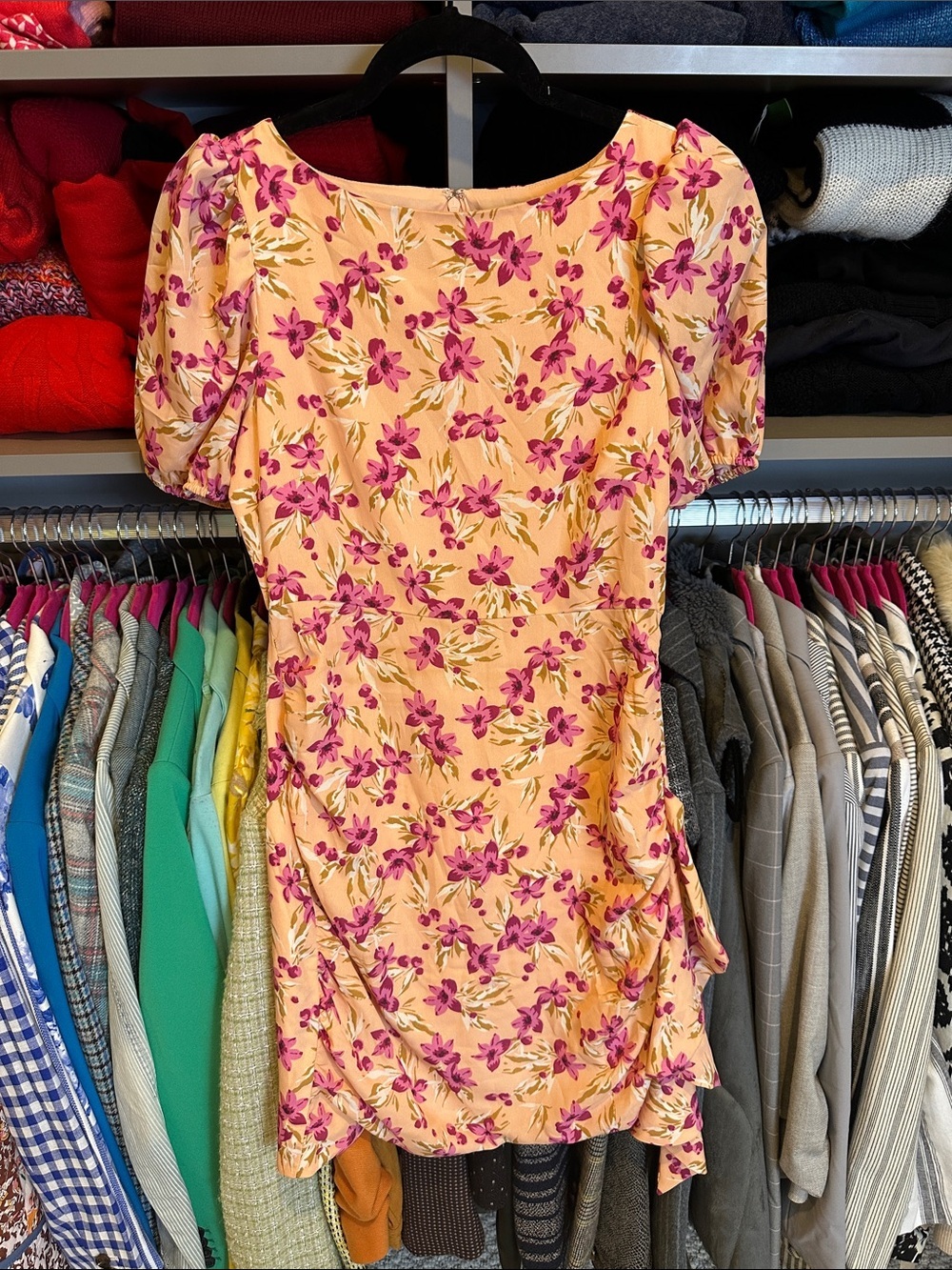 Likely orange/purple floral short puff sleeve back zipper lined dress size 2